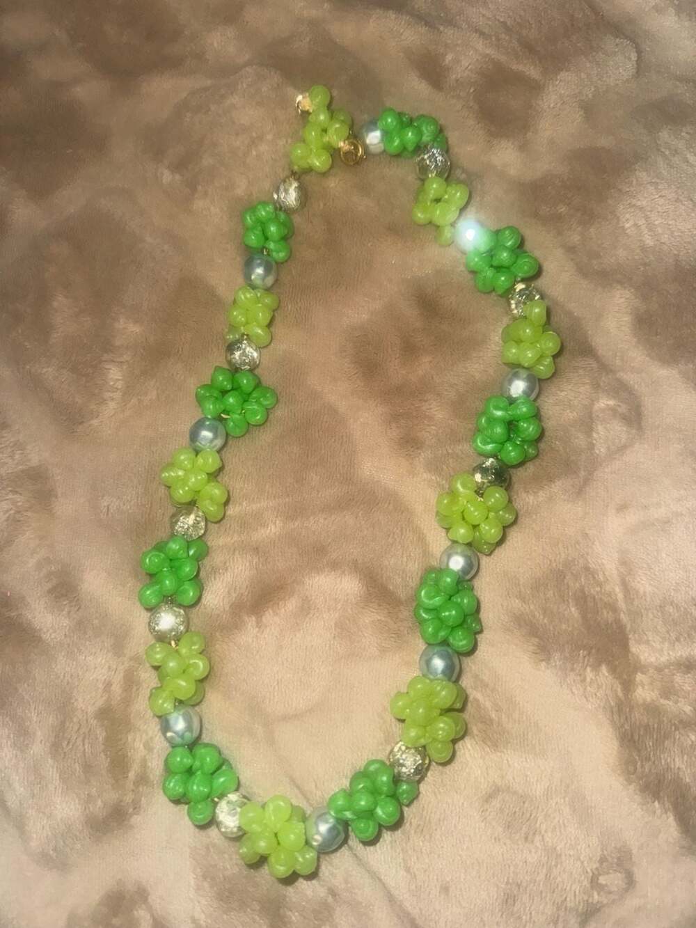 Handmade Green Floral Beaded Necklace Pearl and Crystal Accents